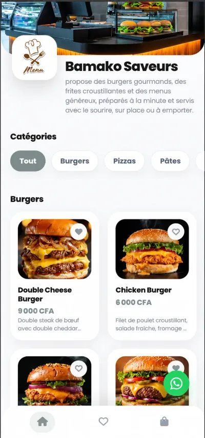 Aperçu du menu digital AfricaMenu sur smartphone.